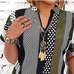 Printed Patchwork Notched Collar Top Size Large